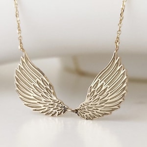 14K Real Solid Gold Wings Necklace, Dainty Angel Wings Disc Pendant, Women Gold Wings Choker, Gold Layering Wing Necklace, Gold Wings Gift