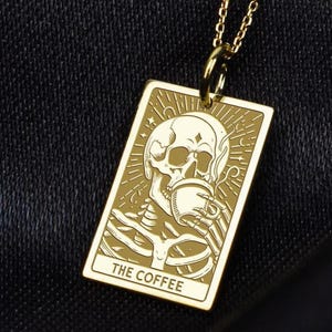 14K Gold The Coffee Necklace, Coffee Lover Jewelry, Personalized Cozy Drink Pendant, Gold Engraved Skeleton Charm, Coffee Addict Necklace