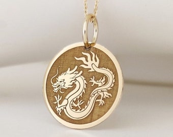 14K Solid Real Gold Dragon Necklace, Dainty Gold Dragon Disc Pendant, Personalized Dragon Gold Coin Charm, Fantasy 14K Gold Dragon Jewelry