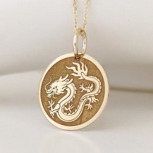 14K Solid Real Gold Dragon Necklace, Dainty Gold Dragon Disc Pendant, Personalized Dragon Gold Coin Charm, Fantasy 14K Gold Dragon Jewelry