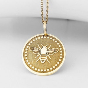 14K Real Solid Gold Bee Necklace, Layered Dainty Honeybee Necklace, Gold Bee Jewelry, Honeycomb Bee Charm Gift, Personalized Bee Pendant