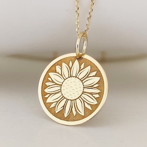 14K Solid Real Gold Sunflower Necklace, Dainty Gold Sunflower Disc Pendant, Personalized Sun Flower Jewelry, 14k Gold Sunflower Charm Gift
