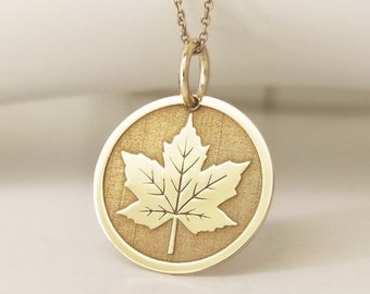 14K Real Solid Gold Maple Leaf Necklace, Canada Maple Leaf Disc Pendant, Gold Fall Leaf Jewelry, Dainty Maple Leaf Charm, Layering Necklace