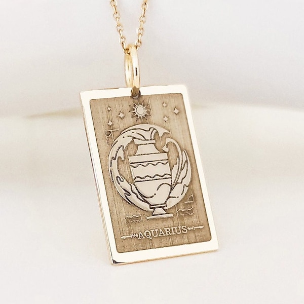 Collier signe du zodiaque Tarot Verseau en or massif 14 carats, pendentif carte Tarot horoscope astrologie Verseau, cadeau bijoux signe janvier février