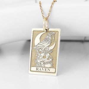14K Real Solid Gold Raven Tarot Card Pendant, Personalized Raven Jewelry, Raven Skull Necklace, Gothic Tarot Card Charm, Black Bird Necklace image 1