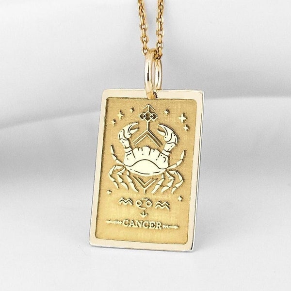 14K Real Solid Gold Cancer Tarot Zodiac Sign Necklace, Cancer Sign Pendant Gift, Gold Horoscope Tarot Card Charm, June July Cancer Jewelry