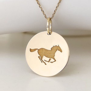 14K Real Solid Gold Horse Necklace, Dainty Gold Riding Horse Pendant, Personalized Horse Disc Charm, Horse Lover Gift, Gold Horse Jewelry