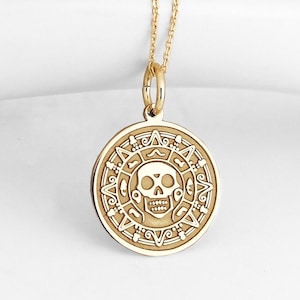 14K Solid Gold Pirate Coin Pendant, Pirates Caribbean Necklace, Dainty Pirate Medallion, Pirate Treasure Jewelry, Gold Pirate Skull Charm