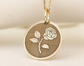 14K Real Solid Gold Rose Flower Necklace, June Birth Flower Rose Pendant, Gold June Rose Charm, Personalized Dainty Gold Rose Flower Jewelry