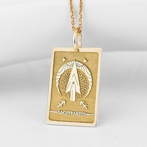 14K Echtgold Schütze Tarot Sternzeichen Halskette, Zierliche Astrologie Zeichen Gold Anhänger, Schütze personalisierte Tarot Charme Geschenk