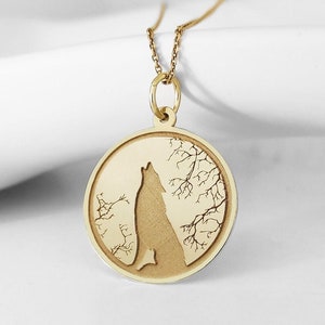 14K Solid Gold Wolf Necklace, Gold Howling Wolf Pendant, Dainty Gold Wolf Jewelry, Wild Life Charm, Gold Animal Necklace, Personalized Wolf