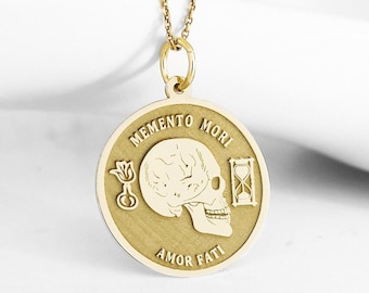 14K Real Solid Gold Memento Mori Necklace, Stoicism Gold Disc Pendant, Dainty Amor Fati Necklace, Stoic Coin Skull Necklace, Amor Fati Charm