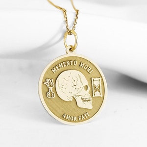 14K Real Solid Gold Memento Mori Necklace, Stoicism Gold Disc Pendant, Dainty Amor Fati Necklace, Stoic Coin Skull Necklace, Amor Fati Charm