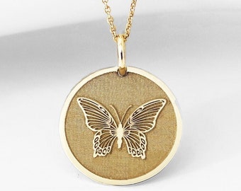 14K Solid Real Gold Butterfly Pendant, Dainty Butterfly Choker Necklace For Women, Gold Butterfly Disc Personalized Charm, Layered Necklace