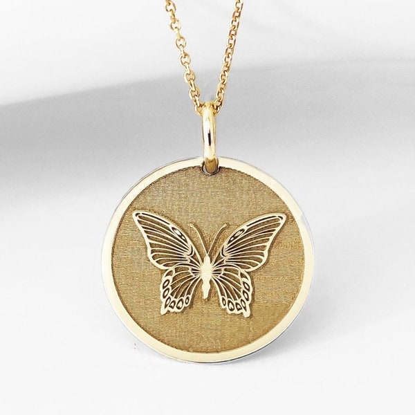 14K solid Echt Gold Schmetterling Anhänger, Zierliche Schmetterling Choker Halskette für Frauen, Gold Schmetterling Scheibe personalisierte Charme, überlagerte Halskette