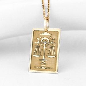 14K Real Solid Gold Libra Tarot Zodiac Sign Necklace, Libra Astrology Horoscope Tarot Card Pendant, September October Sign Gold Jewelry Gift