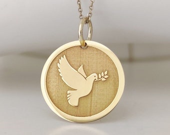14K Real Solid Gold Dove Necklace, Dainty Dove Bird Pendant For Women, Bird of Peace Charm, Dove Disc Gift Jewelry, Personalized Dove Charm