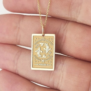 Collana con la carta dei tarocchi dei Pesci in oro 14 carati, ciondolo rettangolare con il segno zodiacale, gioiello con il segno del pesce in oro, grazioso ciondolo con la carta dei tarocchi dei Pesci, ciondolo con animale marino