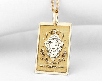 14K Real Solid Gold Virgo Zodiac Sign Tarot Necklace, Virgo Zodiac Tarot Card Charm, August September Zodiac Pendant, Tarot Reading Jewelry