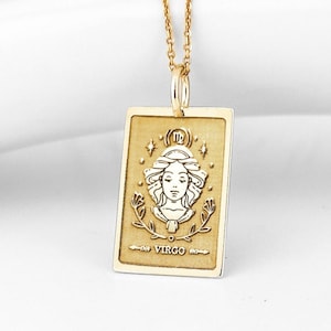 Collier tarot signe du zodiaque Vierge en or massif 14 carats, breloque carte de tarot zodiaque Vierge, pendentif zodiaque août septembre, bijoux lecture tarot