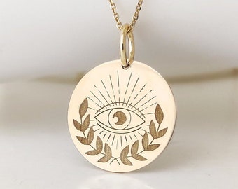 14K Real Solid Gold Evil Eye Necklace, Dainty Eye Disc Pendant, Women Evil Eye Choker Necklace, Layering Evil Eye Jewelry, Eye Charm Gift