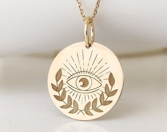 14K Real Solid Gold Evil Eye Halskette, Dainty Eye Disc Anhänger, Frauen Evil Eye Choker Halskette, Layering Evil Eye Schmuck, Eye Charm Geschenk