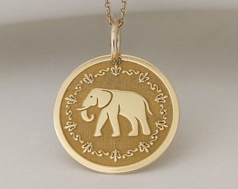 14K Real Solid Gold Elephant Necklace, Dainty Elephant Jewelry, African Elephant Pendant, Custom Animal Necklace, Elephant Round Charm Gift