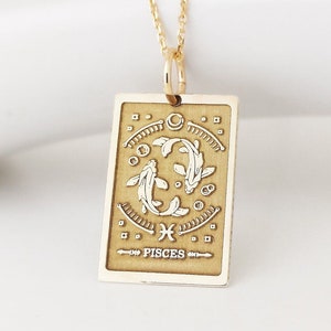 Collier tarot signe du zodiaque Poissons en or massif 14 carats, bijoux carte du zodiaque Poissons, pendentif tarot astrologie 14 carats, breloque zodiaque février mars