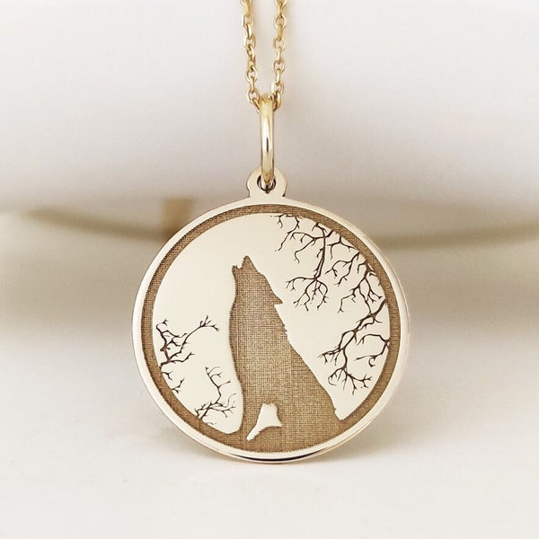 14K Real Solid Gold Wolf Necklace, Dainty Wolf Disc Pendant, Layering Charm Gold Jewelry, Personalized Wolf Necklace, Engraved Animal Charm