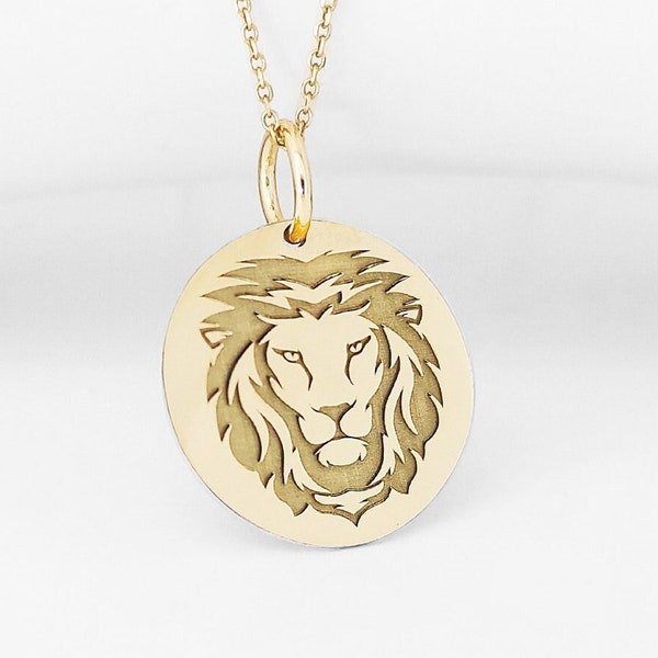 Collier Lion en or 14 carats, pendentif tête de lion, bijoux Lion en or, pendentif Lion, pendentif personnalisé, breloque Roi Lion, pendentif cercle en or Lion