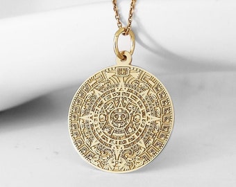 14K Massiver Gold Aztekenkalender-Scheibenanhänger, Maya-Goldschmuck, Ewiger Kalender-Halskette, personalisiertes Aztekenkalender-Münzen-Charm-Geschenk