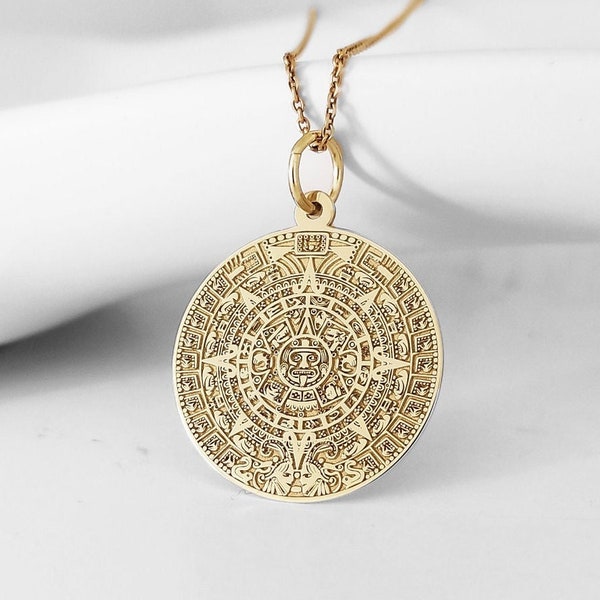 14K Massiver Gold Aztekenkalender-Scheibenanhänger, Maya-Goldschmuck, Ewiger Kalender-Halskette, personalisiertes Aztekenkalender-Münzen-Charm-Geschenk