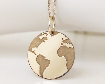 14K Real Solid Gold Earth Necklace, Gold World Map Pendant, Dainty Engraved Globe Charm, Earth Gold Disc Jewelry, Custom Necklace For Women