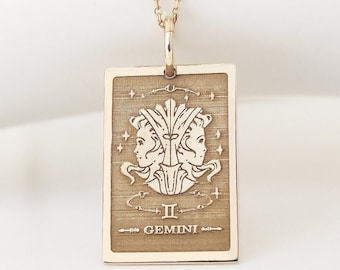 14K Real Solid Gold Gemini Tarot Zodiac Sign Necklace, Dainty Astrology Sign 14K Gold Pendant, May June Gemini Personalized Tarot Charm Gift