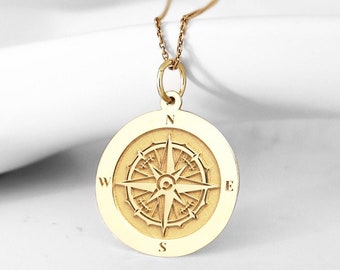 14K Real Solid Gold Compass Necklace, Navigation Compass Layering Gold Pendant, Personalized Compass Charm Gift, Dainty Gold Compass Jewelry