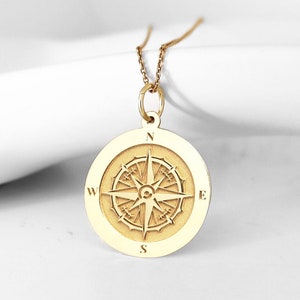 14K Real Solid Gold Compass Necklace, Navigation Compass Layering Gold Pendant, Personalized Compass Charm Gift, Dainty Gold Compass Jewelry