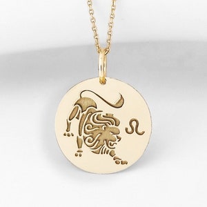 14K Gold Leo Necklace, Engraved Lion Pendant, August Zodiac Necklace, Astrology Birthday Gift, Personalized Pendant, Horoscope Necklace