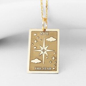 14K Solid Gold The Star Tarot Card Necklace, Gold Rectangle The Star Tarot Charm, Spiritual Tarot Card Pendant, Major Arcana Deck Jewelry image 3