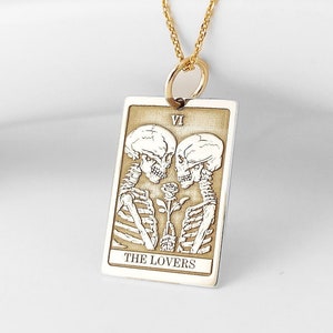 14K Real Solid Gold Lovers Tarot Card Pendant, Tarot Reading Rectangle Charm, Gold Tarot Lovers Jewelry, Personalized Tarot Card Necklace