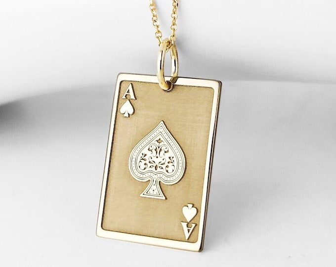 14K Solid Gold Ace of Spades Pendant, Poker Cards Necklace, Blackjack Player Gift, Ace Playing Card Jewelry, Dainty Poker Game Gold Charm