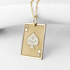 Pendentif As de pique en or massif 14 carats, collier cartes de poker, cadeau pour joueur de blackjack, bijoux As de cartes à jouer, breloque en or jeu de poker délicat