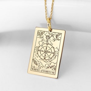 14K Solid Gold Wheel of Fortune Tarot Card Pendant, Gold Major Arcana Disc Necklace, Wiccan Tarot Card Charm, Tarot Deck Jewelry Gift