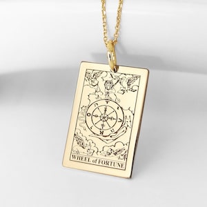 14K Solid Gold Wheel of Fortune Tarot Card Pendant, Gold Major Arcana Disc Necklace, Wiccan Tarot Card Charm, Tarot Deck Jewelry Gift