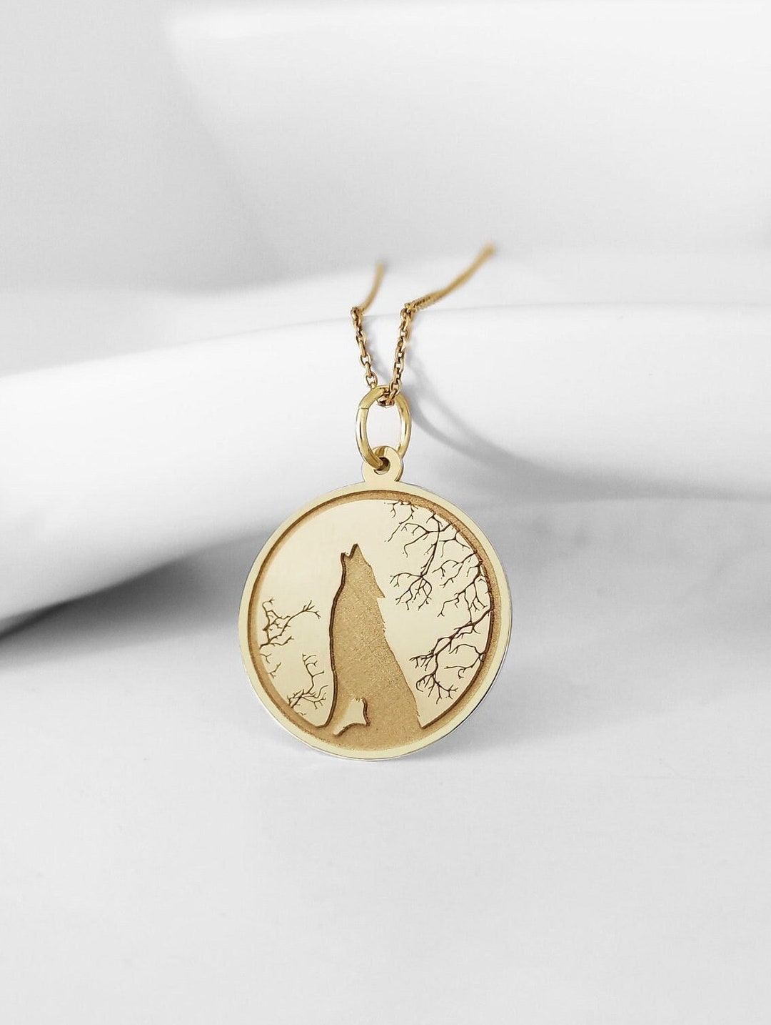 14K Solid Gold Wolf Necklace, Gold Howling Wolf Pendant, Dainty Gold