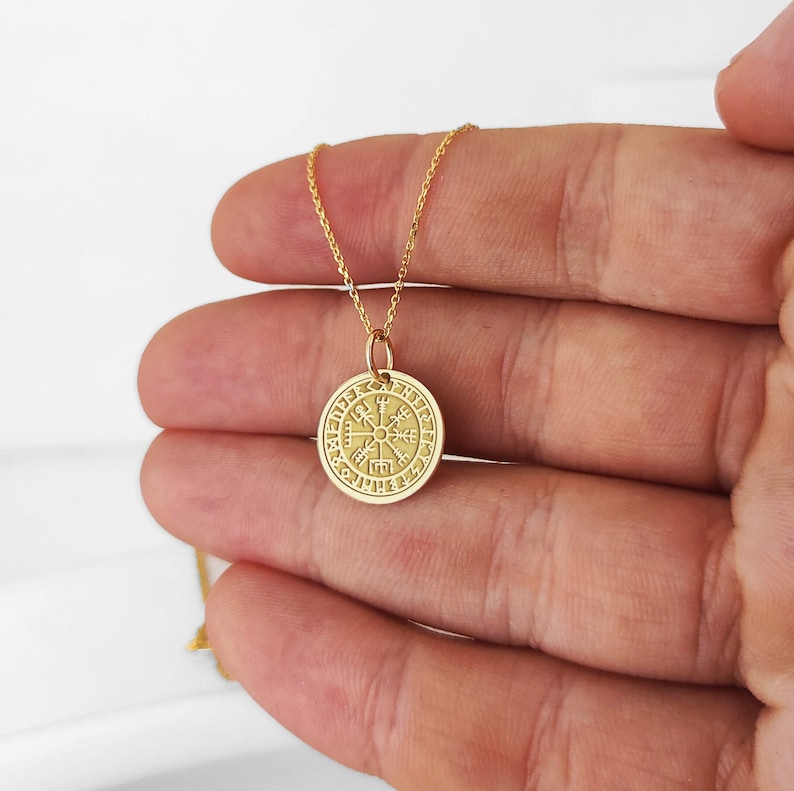 14K Solid Real Gold Vegvisir Compass Necklace, Gold Viking Compass Pendant, Viking Disc Charm, Nordic Compass Jewelry, Pagan Compass Pendant image 3