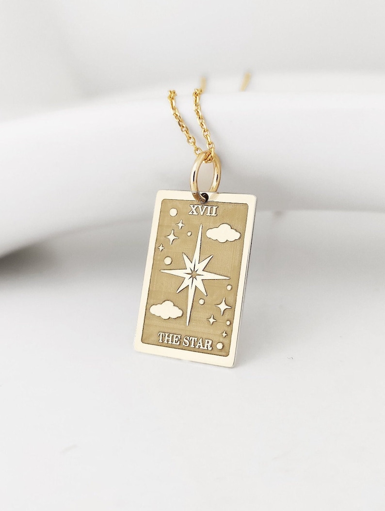 14K Solid Gold The Star Tarot Card Necklace, Gold Rectangle The Star Tarot Charm, Spiritual Tarot Card Pendant, Major Arcana Deck Jewelry image 2