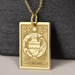 14K Solid Gold Aquarius Zodiac Necklace, January February Sign Medallion, Water Bearer Disc, Birthday Gift, Horoscope Charm, Celestial Coin