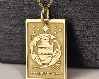 Collar de Acuario en oro macizo de 14 quilates, medallón con el signo de enero y febrero, disco de aguador, regalo de cumpleaños, dije del horóscopo, moneda celestial.