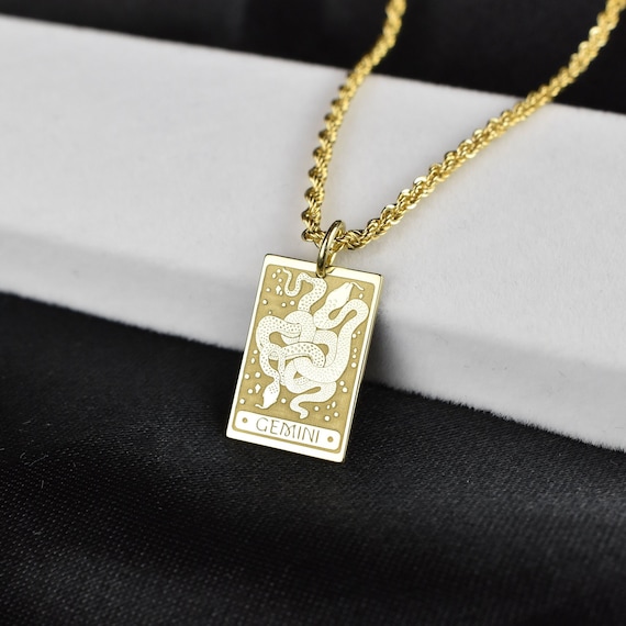 14K Solid Gold Gemini Zodiac Sign Tarot Card Necklace, Gemini Pendant, Dainty Zodiac Sign Charm, Personalized Gemini Jewelry, Zodiac Gift