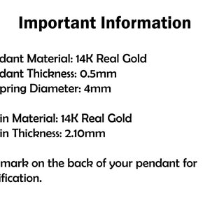 May include: Important information about a 14K real gold pendant and chain. The pendant is 0.5 mm thick and has a 4 mm jump ring. The chain is 2.10 mm thick. The pendant has a hallmark on the back for certification.